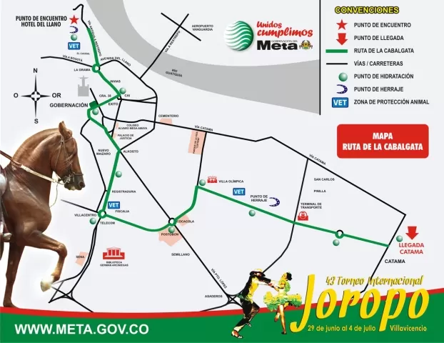 Ruta de la cabalgata que se realizara el jueves 30 de junio en el 43 Torneo Internacional del Joropo que se realiza en Villavicencio, Meta.